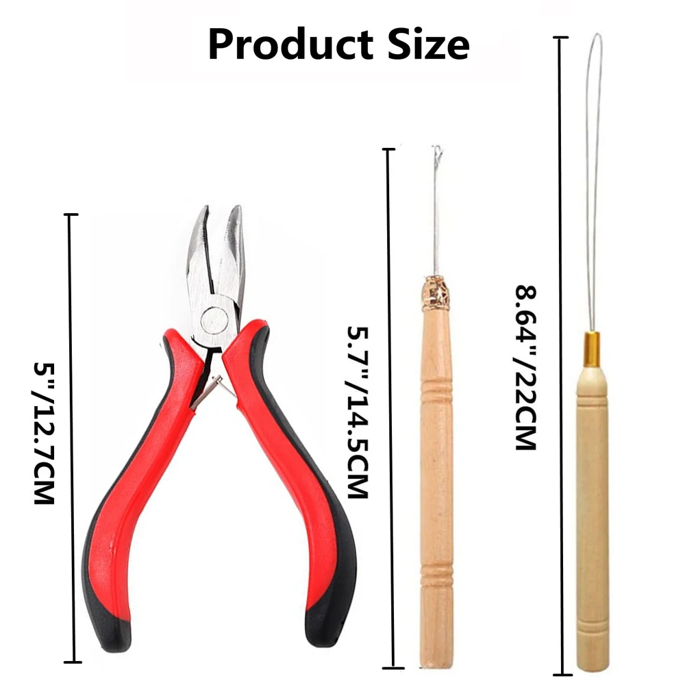 헤어 익스텐션 비즈 도구 키트, 익스텐션 마이크로 풀링 니들, 루프 스레더 및 200개 실리콘 라이닝 마이크로 링