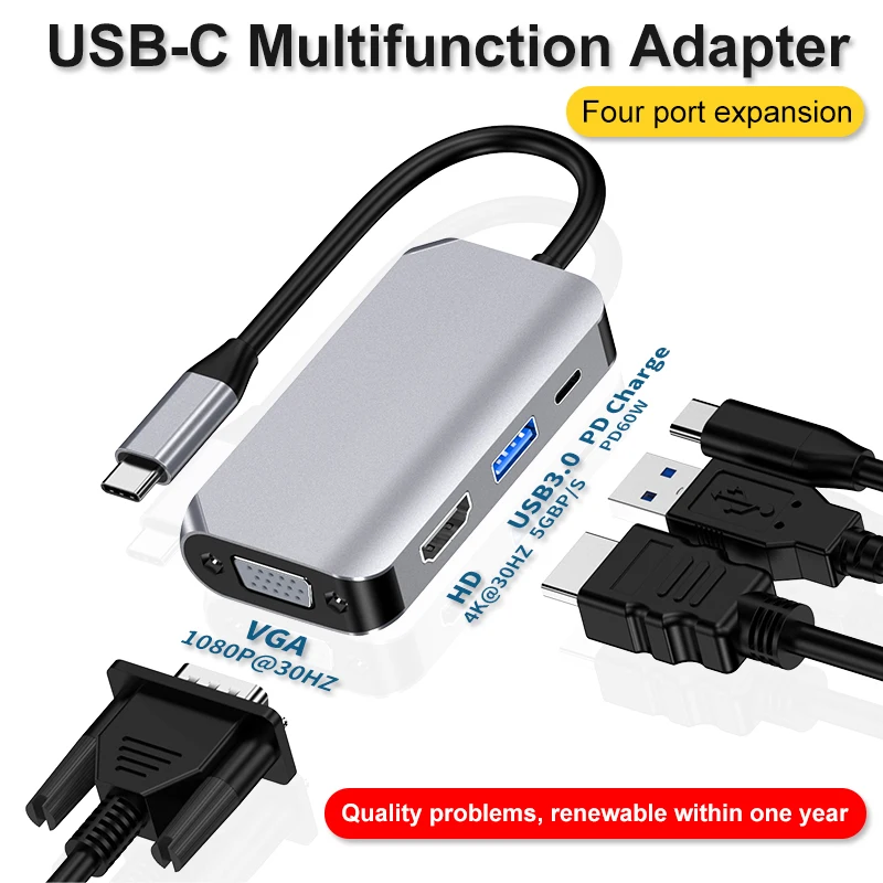 

USB-концентратор с портом Type-C на HDMI, адаптер VGA PD для зарядки 4K для ноутбуков, ПК, Samsung, Huawei, LG и т. Д.