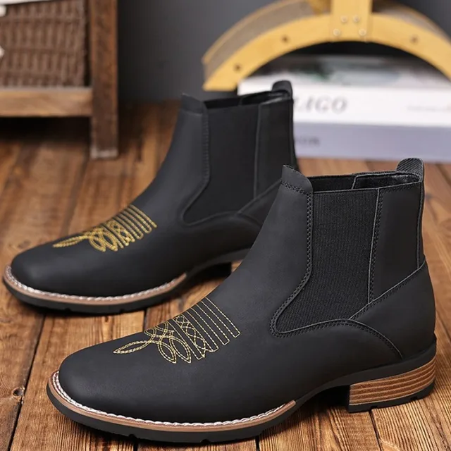 Men's Chelsea Boots High Quality Casual Leather Boots Retro Ankle Boots for Men Embroidery Western Cowboy Boot Botas Masculinas
