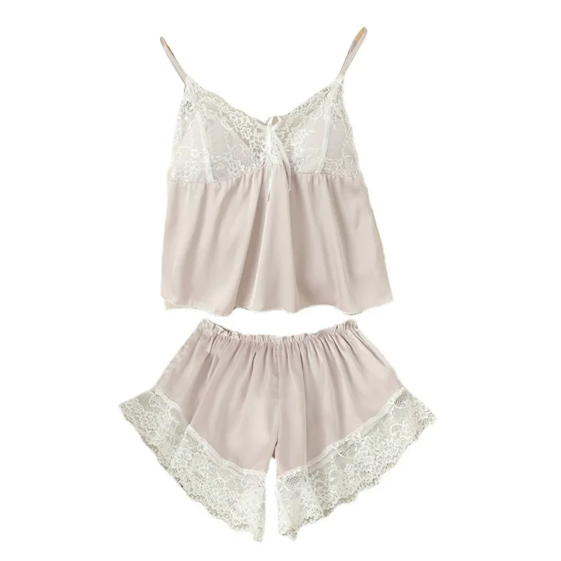 Large Size Pajama Sets Sleepwear Home Suit Spaghetti Strap Lace Sexy Pyjamas Women Loose Cami Top Shorts Pijama Satin Femme 2024