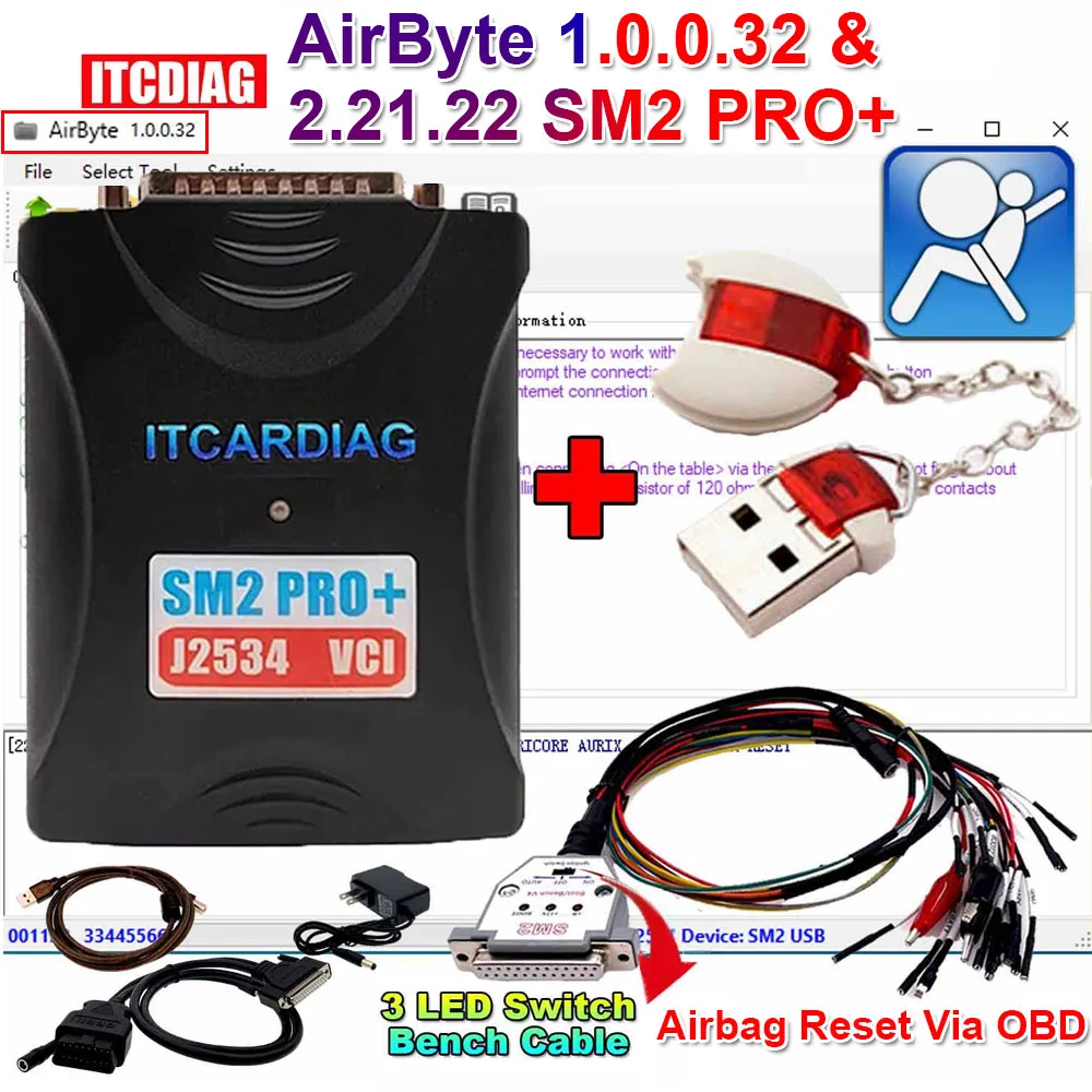 

AirByte 1.0.0.32 With 2.21.22 SM2 PRO+ Cleaning Crash Data in SRS Airbag Reset Diagnostic Tool ECU CAN BUS K-LINE Resert Win7/10