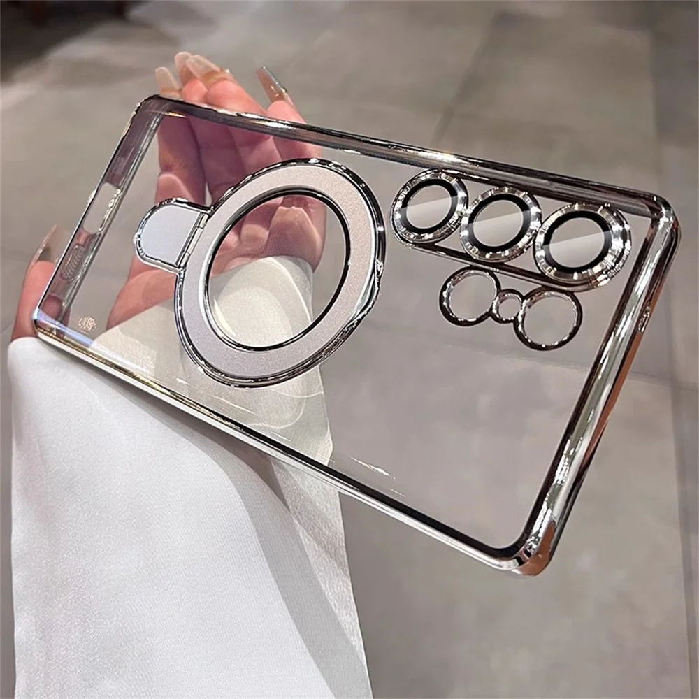Luxury Plating Shockproof Magnetic Bracket Clear Case with Holder Stand Cover