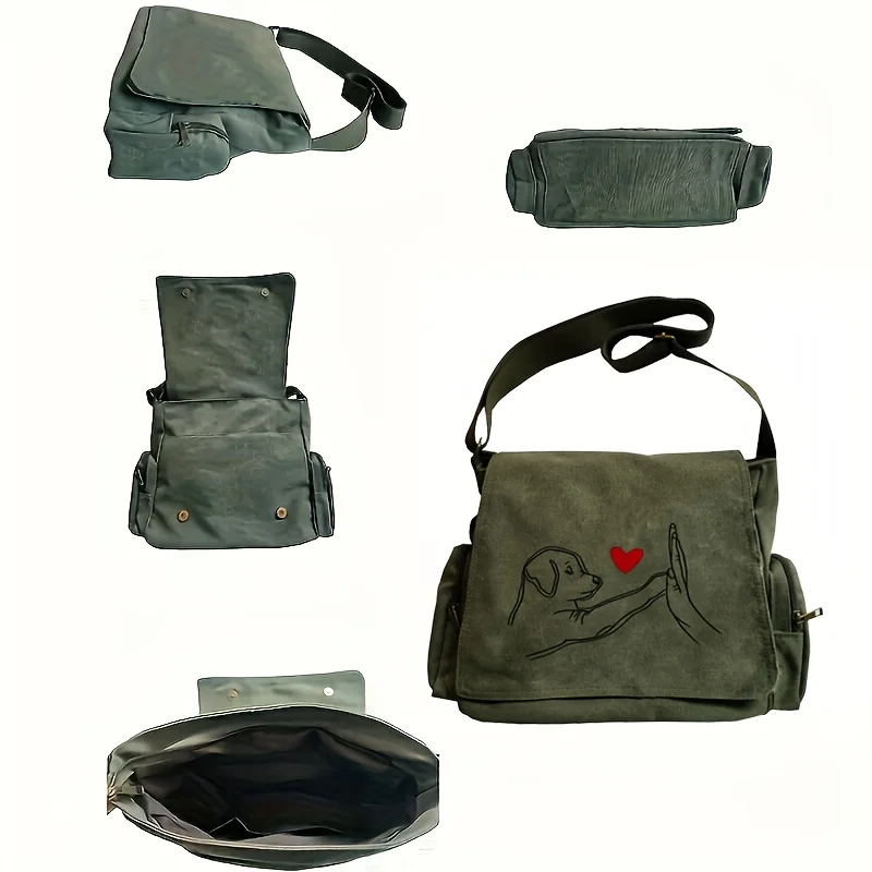 Large Capacity Dog Lover Women's Canvas Shoulder Bag Army Green Vintage Crossbody Bag For Women Laptop Bag