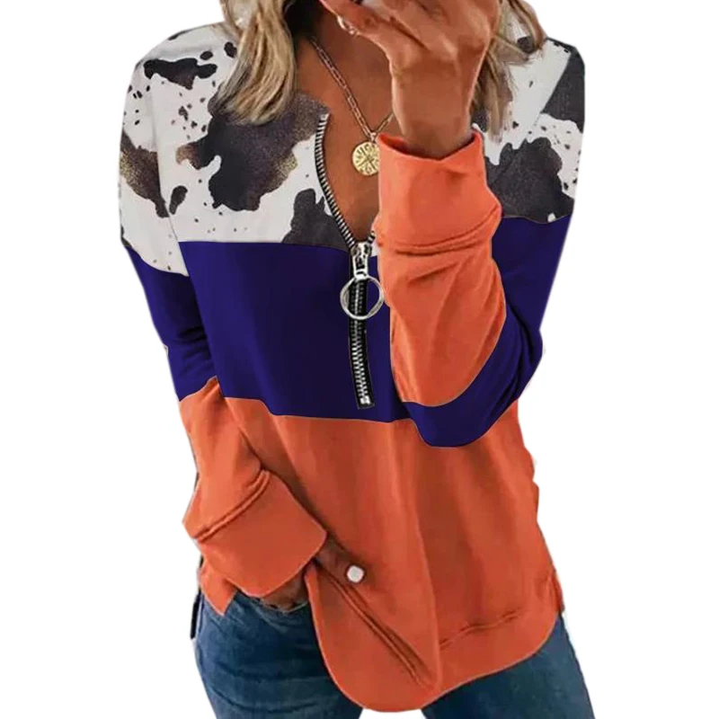 Fashion Women Zipper Sweatshirts Spring Autumn Long Sleeve Casual Loose Patchwork Pullovers Chic Printed Tops Blusas Female 5XL