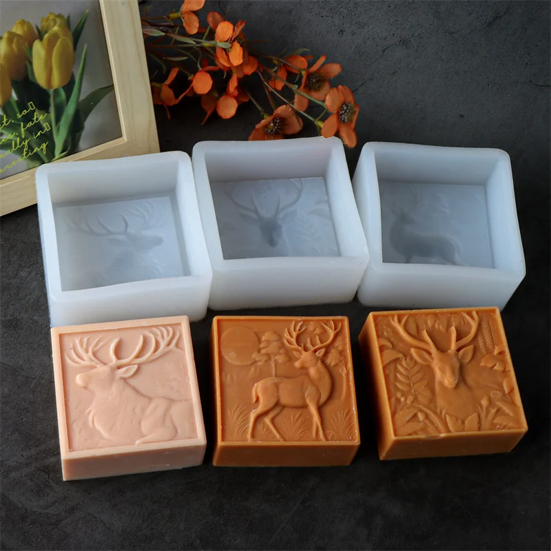 3D Square Relief Forest Deer Animal Shape Silicone Soap Mold DIY Deer Head Soap Making Candle Craft Form Mould silicone mold soap molds
