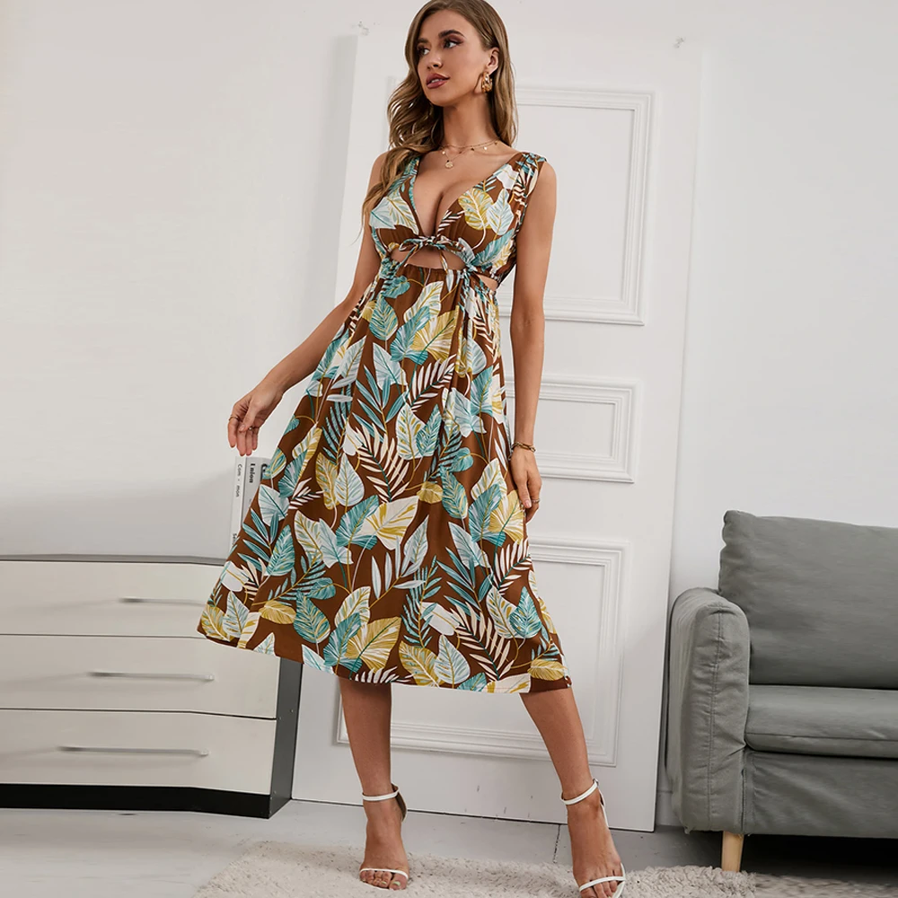 

Vintage Floral Print Boho Dress Women Sexy Deep V Neck Hollow Out Party Beach Dresses Sleeveless Backless Lace Up Summer Vestido