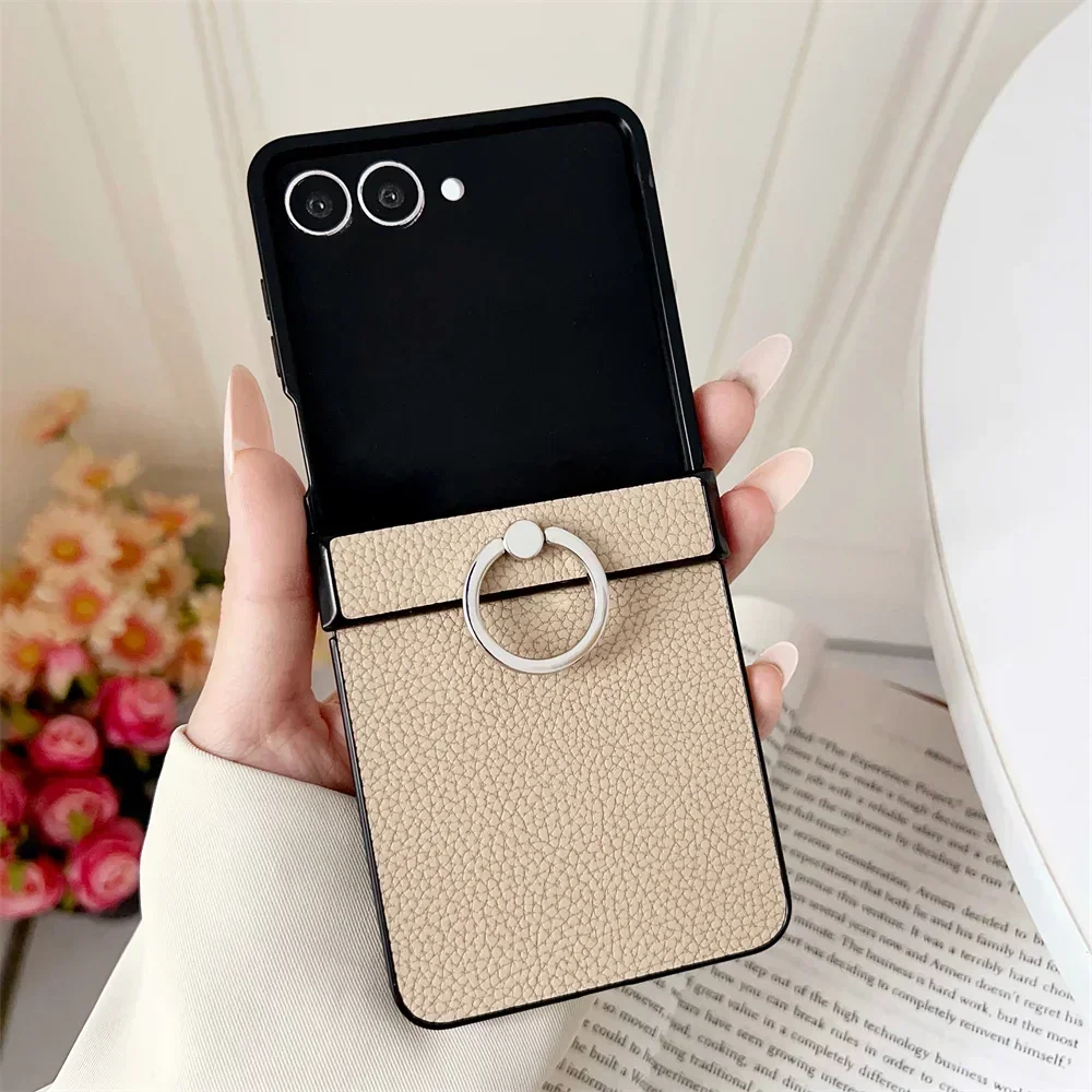PU Leather Lychee Pattern Phone Case with Ring Holder and Hinge Protection