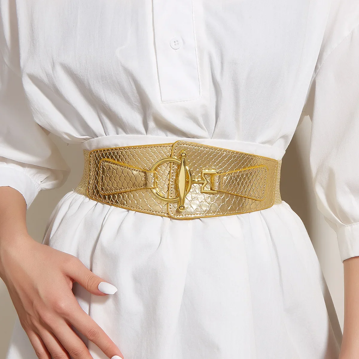 

Ladies Fashion Golden Buttoning Belt Dress Shirt Tight Waist Elastic Decoration Wide Corset Seal Belts for Women Female