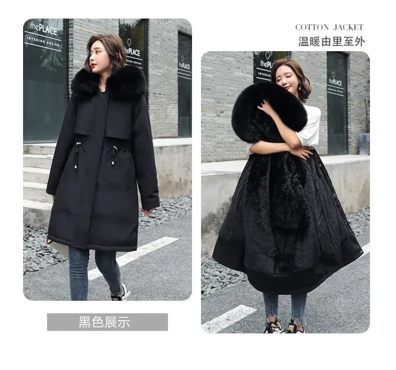 Fur Lining Mujer Coat 2025 New Winter Thick Warm Down Padded Jacket Women's Plus Velet Cotton Coat Winter Hooded Loose Parkas