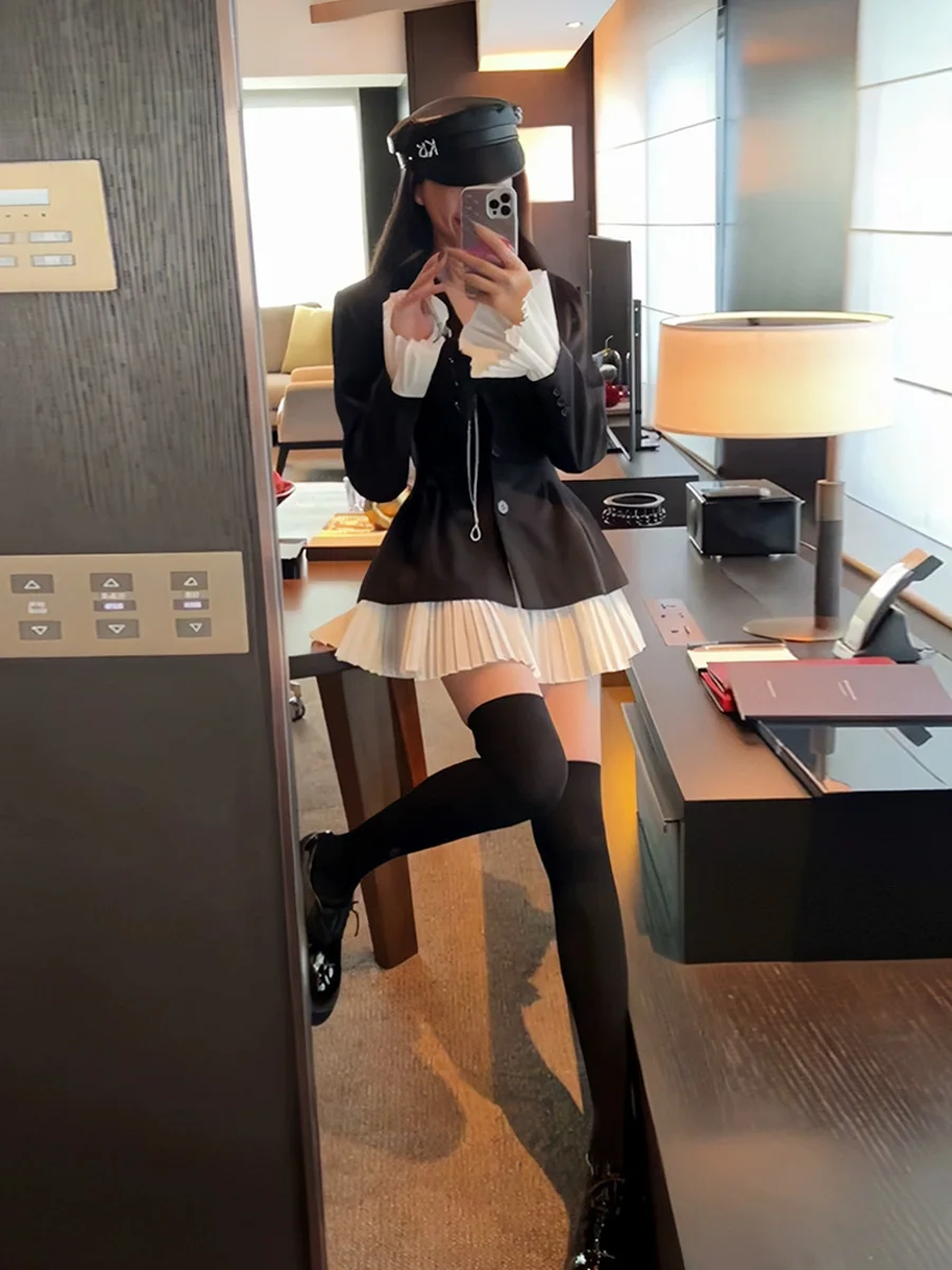 Elegant Patchwork Suit Dress Women Turn-down Collar Single Breasted Flare Sleeve Pleated Autumn Spring Korean Chic New Clothes