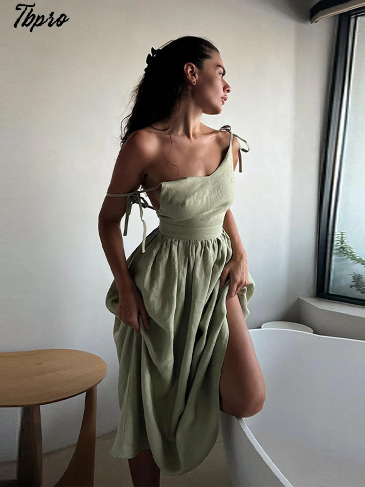 

Женское льняное платье-миди с открытой спиной, на молнии