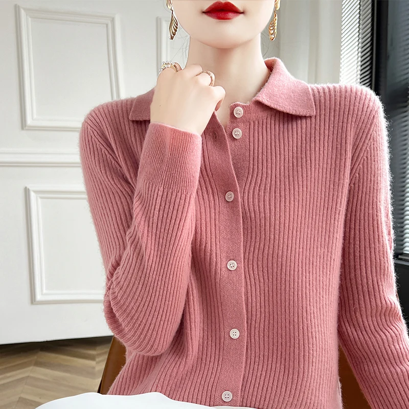 New women's sweaters in autumn and winter 100% merino wool POLO neck thick pullover cardigan fashion luxury solid color long sle 2