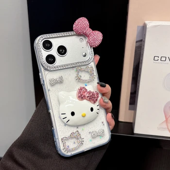Cute Cartoon Sanrio Hello Kitty Bling Glitter Diamond Phone Case For iPhone 17 16 15 14 13 12 11 Pro Max Shockproof Hard Cover 1