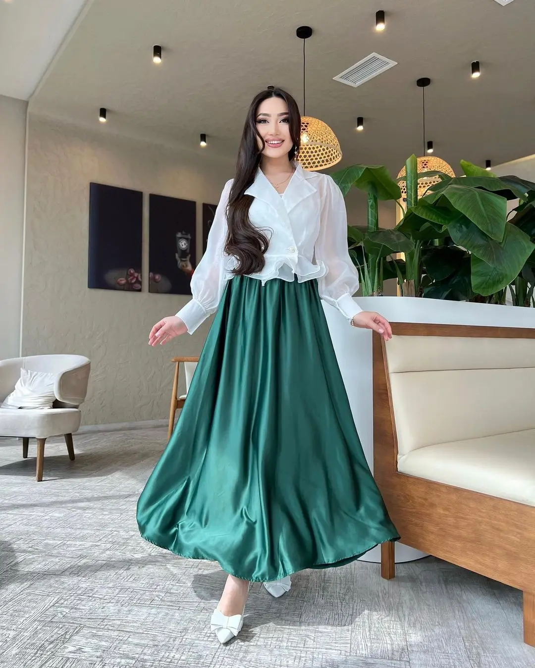 

Elegant Prom Dresses 2023 Green 2-Piece A-Line Long Puff Sleeves Button Customized Arabia Vestidos De Formal Occasion Dresses