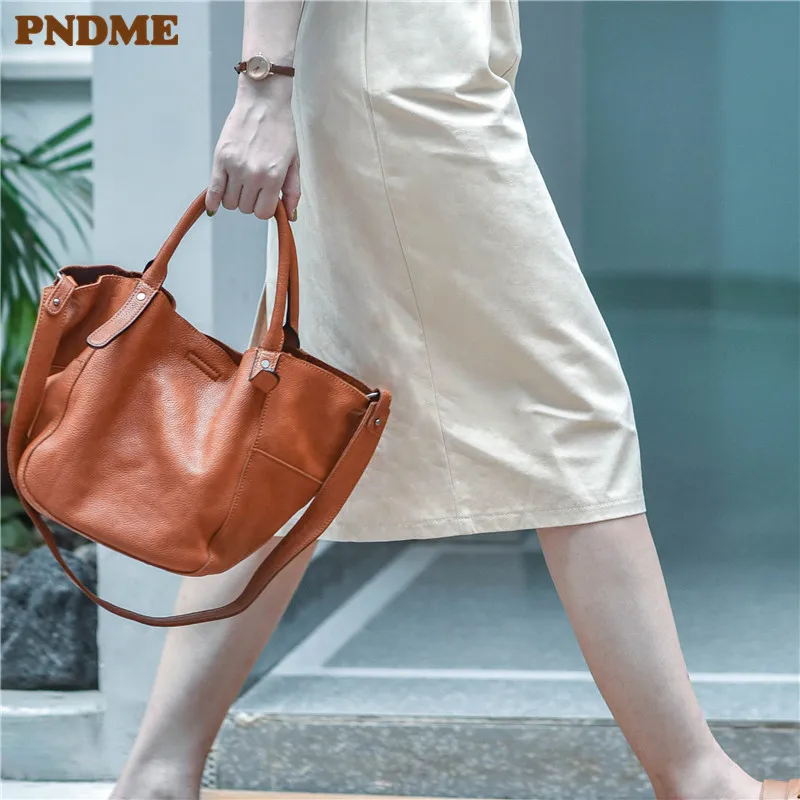 Fashion designer handmade natural genuine leather ladies small tote bag casual soft real cowhide women's multifunctional handbag