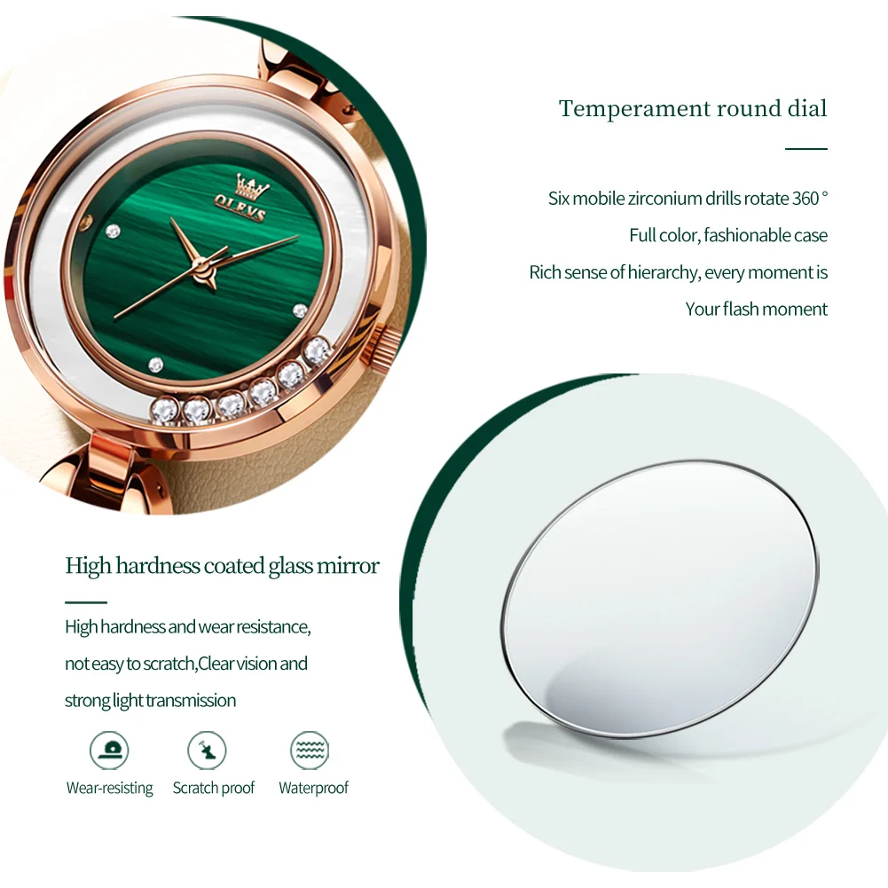 OLEVS Quartz Watch for Women Luxury Leather Strap Inlay Diamond Dial Waterproof Fashion Elegant Women's Wristwatches Reloj Mujer