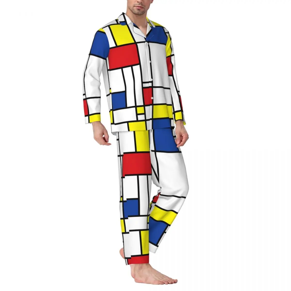 Geometric De Stijl Sleepwear Autumn Mondrian Minimalist Casual Oversized Pajamas Set Men Long Sleeve Warm Leisure Nightwear