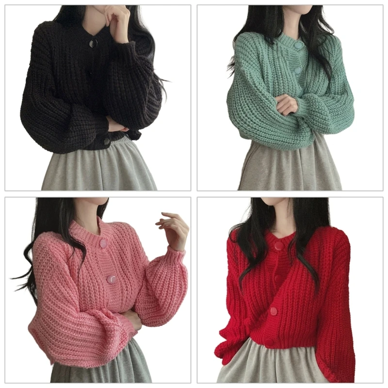 

95AB женский короткий свитер с пышными рукавами и пуговицами, пальто, верхняя одежда, повседневный однотонный трикотаж, кардиган