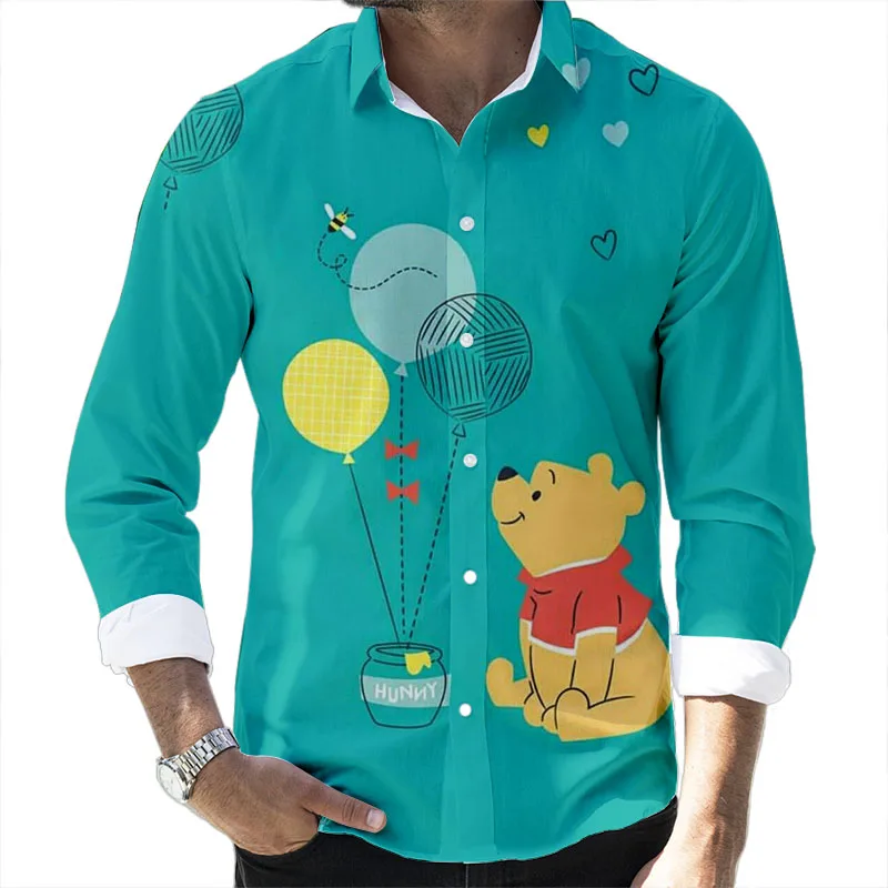 

2023 Fall Men's Long Sleeve Shirts Disney Winnie the Pooh Graphic T-Shirt Casual Shirts Winnie the Pooh Print Lapel Shirt