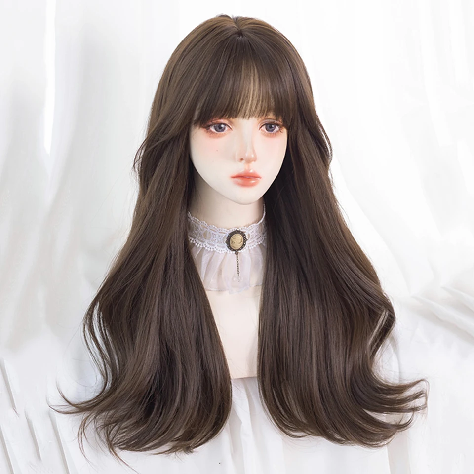 Brown Synthetic Long Deep Wave Wig For Women With Bangs