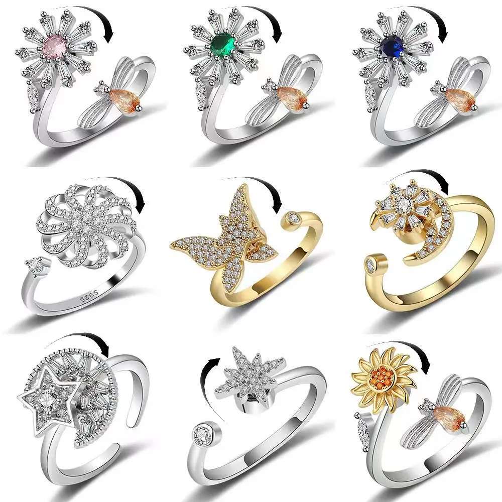 10mm Anxiety Rings For Women Y2k Jewelry Rings Butterfly Daisy Bead Anti  Stress Fidget Spinner Rings