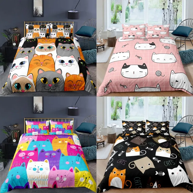 

Cartoon Cat Cover Digital Print Polyester Bedding Sets Child Kids Covers Boys Bed Linen Set for Teens king size bedding set
