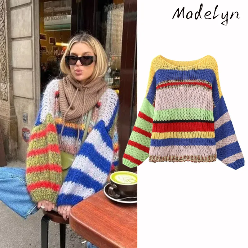 

Women Colorful Stripe Pullovers Puff Sleeve Sweater Autumn Fashion Womens Hollow Knitted O-neck Oversized Sweater Loose Sweaters