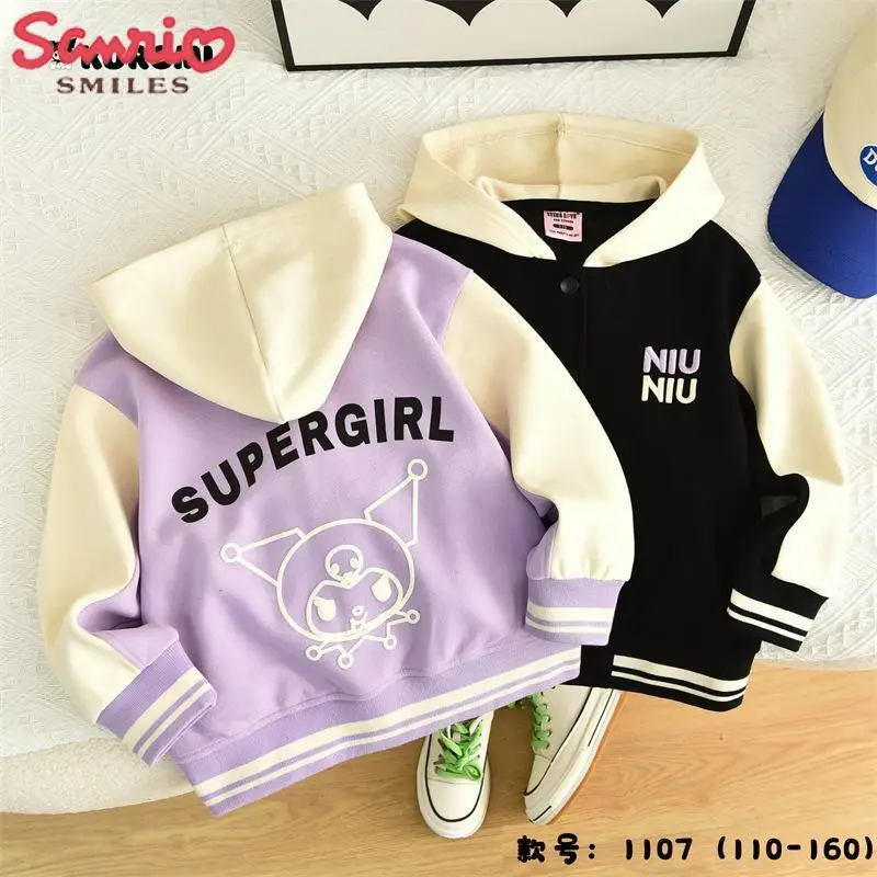 

2023 Sanrio Baseball Jersey Children's Kawaii Kuromi Autumn New Student Hooded Boys Sports Long Sleeve Coat Girls' Casual Jacket