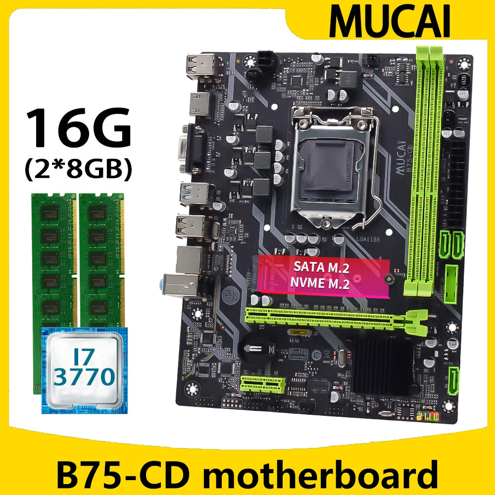 Mucai B75 Scheda Madre Lga 1155 Kit Set Con Processore Cpu Intel Core I7 3770 E Ddr3 16Gb(2*8Gb) Computer Pc Con Memoria Ram 1600Mhz