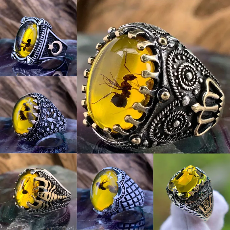 New Vintage Large Oval Natural Agate Stone Rings Anelli Da Uomo Vintage Intarsiati In Ambra Gialla Per Gioielli Da Sposa Di Alta Qualità