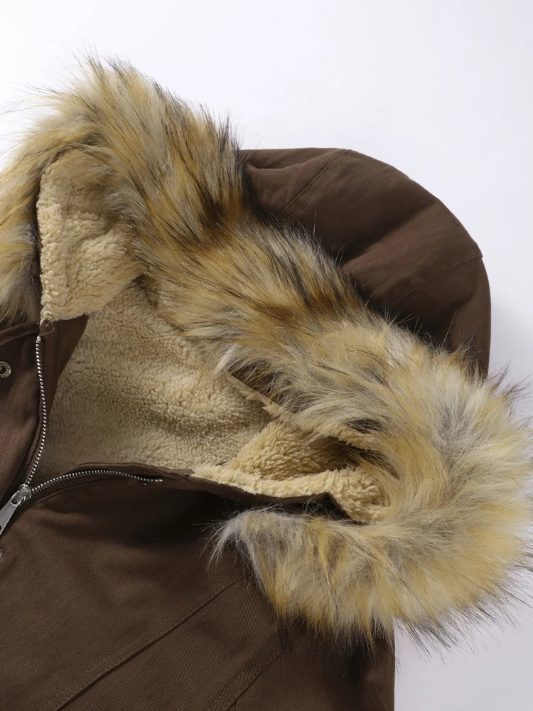 Damen-Bomberjacke mit Kapuze und Pelzkragen, Wintermantel, Herbst 2022, langärmelig, einreihig, gerüscht, Tops, schicke Damen-Oberbekleidung – Detail 9