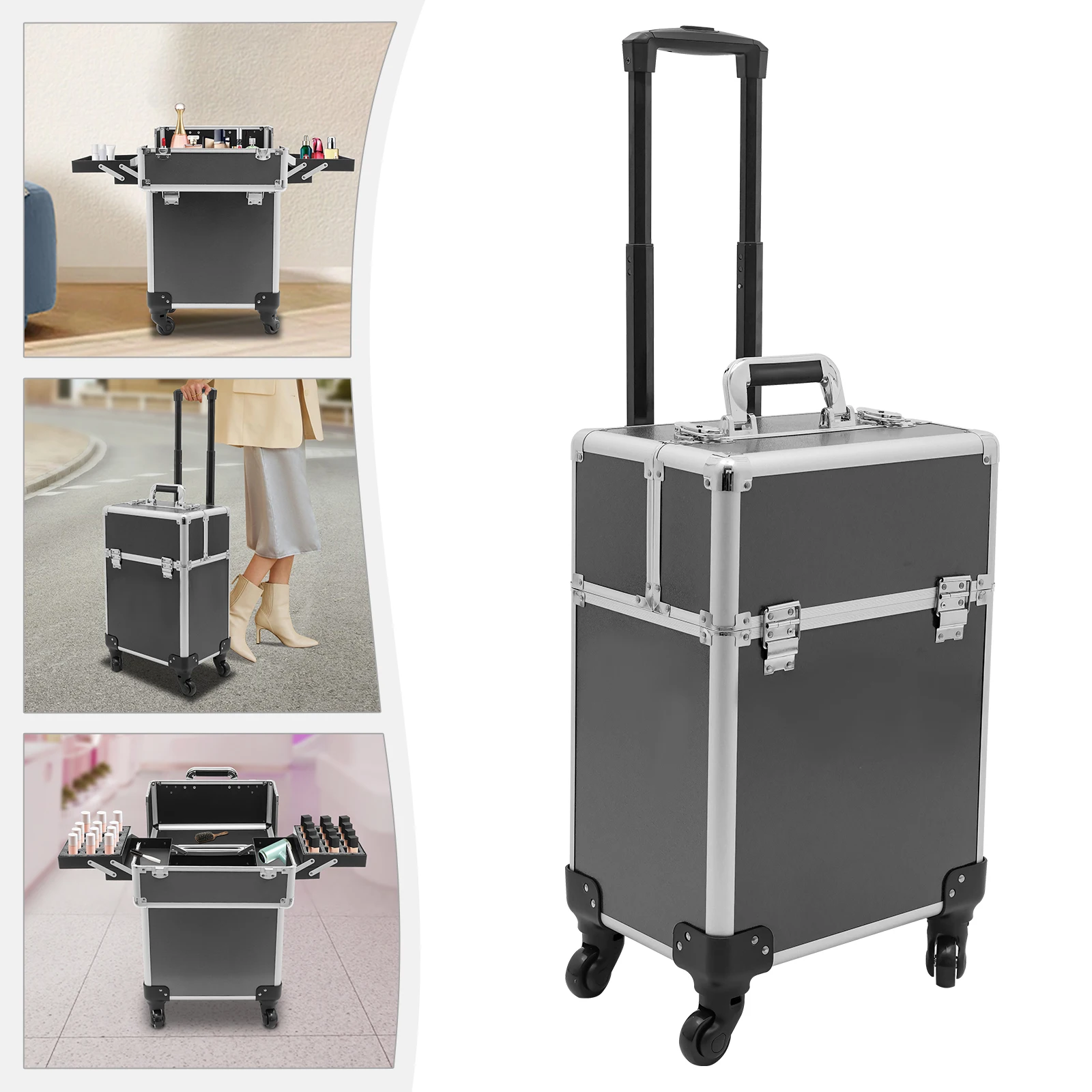 Professional Makeup Case,Aluminum Cosmetic Case Rolling Makeup Trolley Case for Travel Makeup Nail Art Hair Styling 4