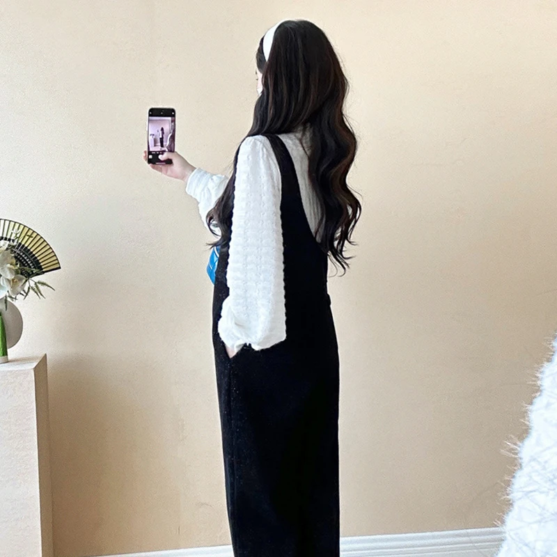 Maternity Clothes Set Pregnant Woman White Blouse+ Corduroy Overalls 2pcs Long sleeve Shirt Fleece-lined Pants Fashion Suit