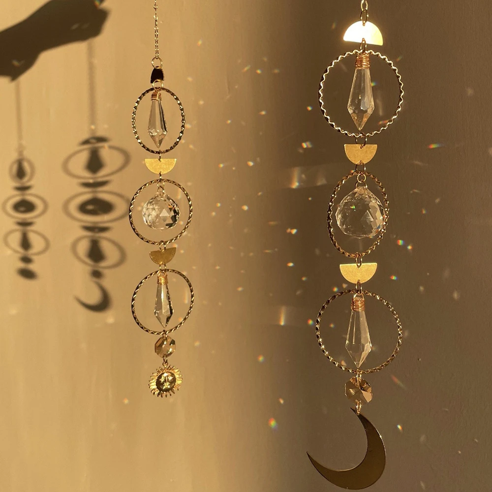 

Gold Suncatcher Moon and Sun Crystal Wind Chime Window Decor Prism Sun Catcher Pendant Rainbow Maker Gaeden Decoration