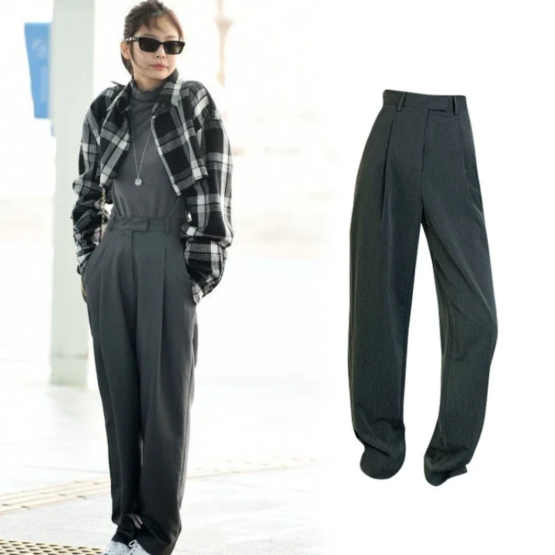 

Kpop Korean Singers Fashion Women's Retro Pants Office Solid Straight Casual Pants Vintage High Waist Wide Legs Ladies Trousers
