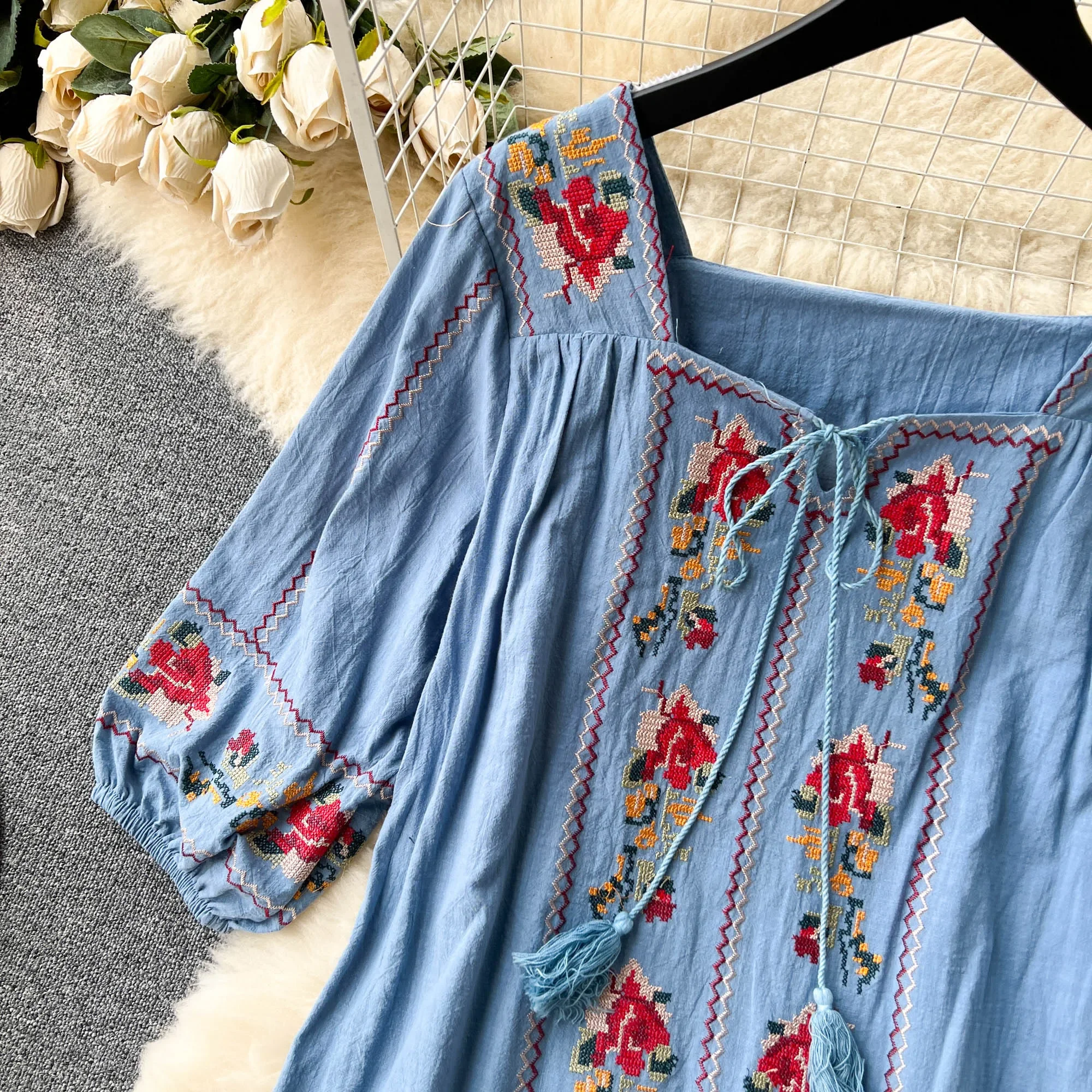 Indie Folk Dresses for Women Embroided Square Collar Summer Dress Puff  Sleeve A-LINE Lace-up Vestido Female Printed Dropshipping - AliExpress  200000345