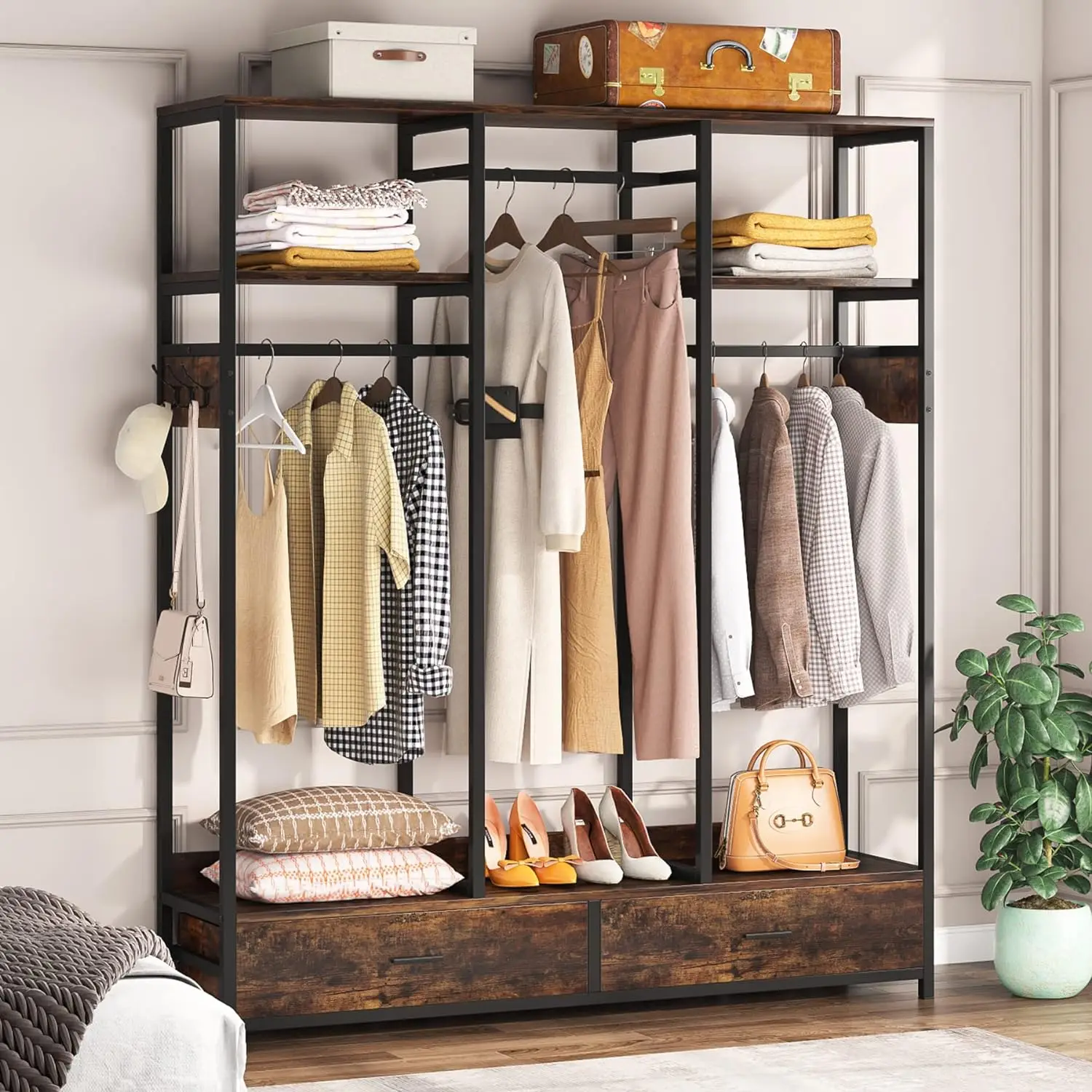 

Freestanding Closet Organizer with 2 Drawers, 71’’H X 55’’W Garment Rack with Shelves and 6 Hooks, Wardrobe Closet Clothes Rack