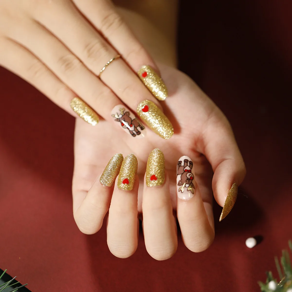 Christmas Snowman Glitter Press-On Nails - 24 Pcs/Set