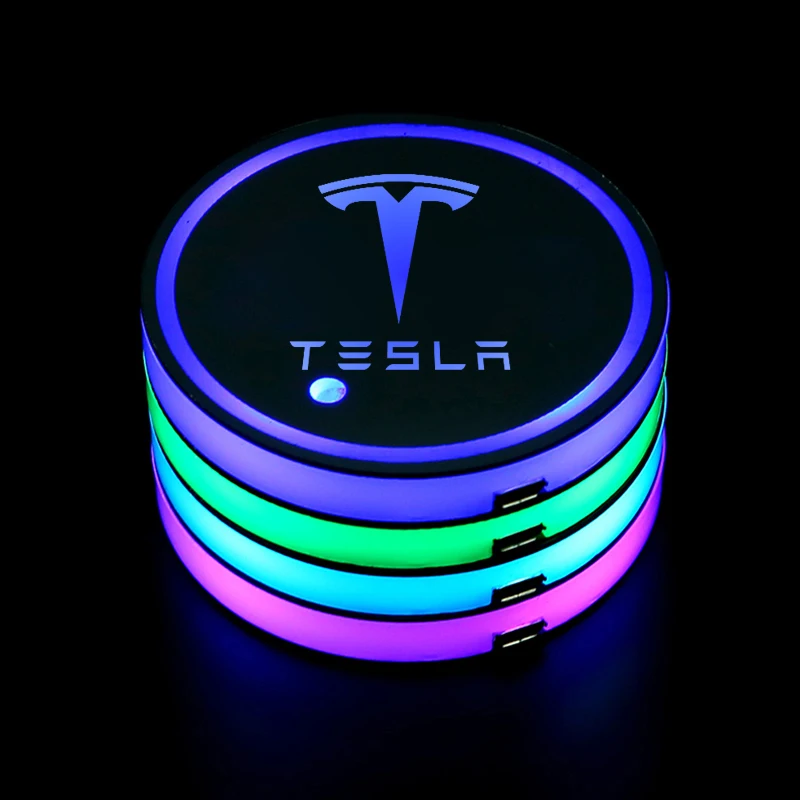 2 قطعة 7 ألوان سيارة LED مضيئة كأس الماء منصات السيارات كوستر الحصير ل تسلا نموذج Y 3 X اكسسوارات السيارات