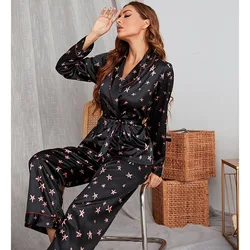 2-piece Set black Sexy Lapel Women's Pajamas Sets Spring Summer Silk Ice Long Sleeve Home Service Thin Lace Star with Belt Suit