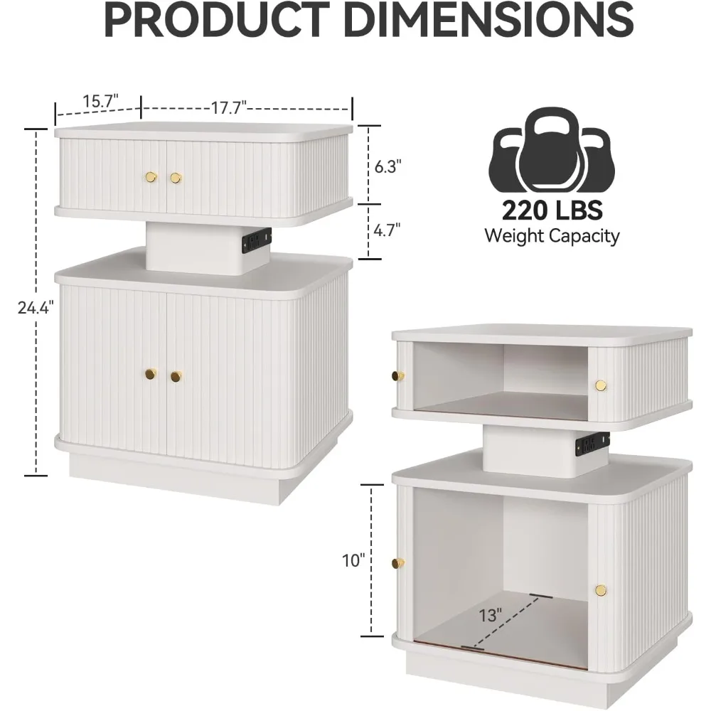 LED Bedside Table, Modern Bedside Table with Charging Station, Bedside Table with 2 Drawers and Sliding Door, White 6