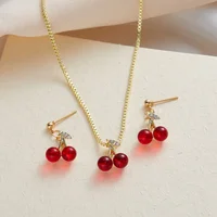 New Fashion Red Cherry Pendant Necklace Earrings, Women's Personalized Jewelry Set Holiday Party Accessories Gifts 2pcs/set - Image 2