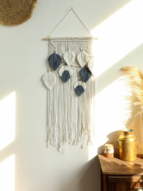 Tapisserie de feuilles multicolores tissées à la main, macramé Boho avec perles en bois, artisanat mural, décoration de la maison nordique, cadeau de fête des mères 6