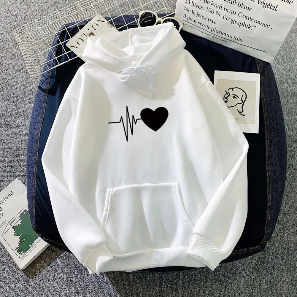 

Pullover Hoodie Cozy Heart Print Unisex Hoodie with Drawstring Plush Warmth Big Patch Pocket for Fall Winter Men Loose Hoodie