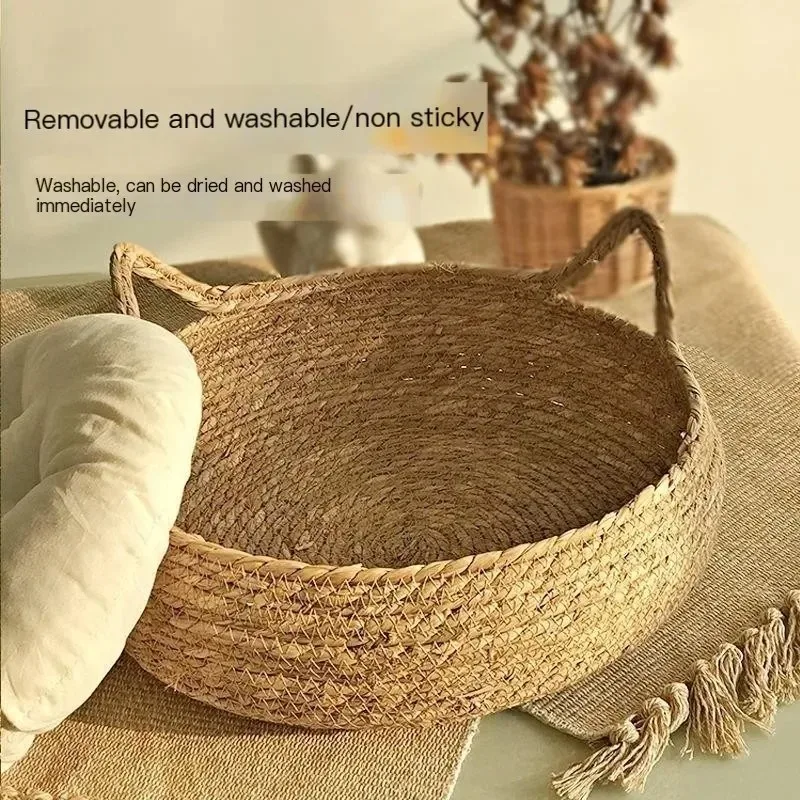 Natural Woven Cat Bed with Washable Seasonal Pad 4