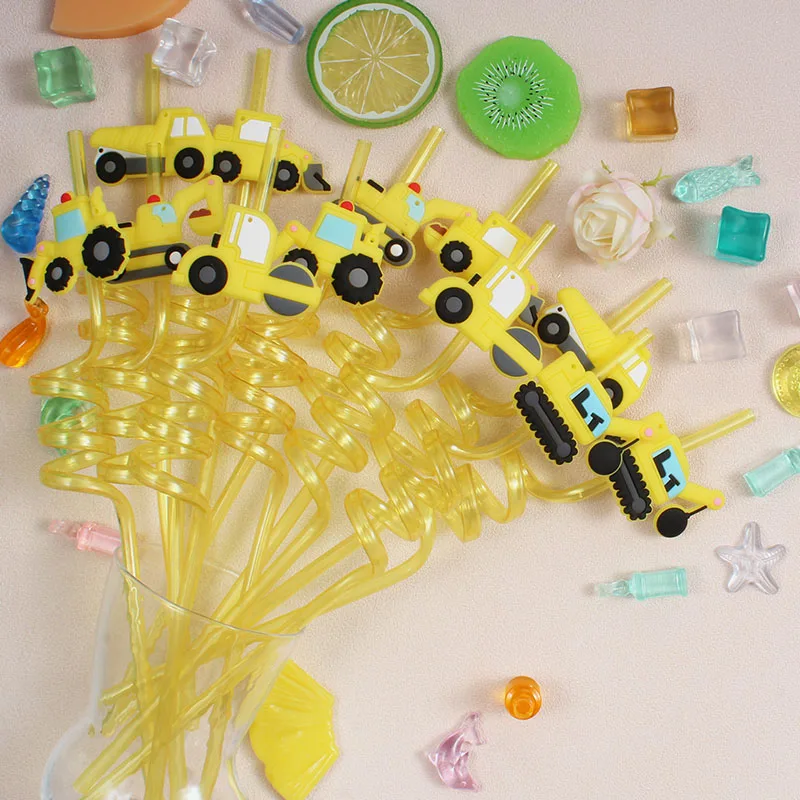 Deluxe Construction Vehicle-Themed Reusable Straw Set - Perfect for Parties & Gatherings, 12-Piece Collection