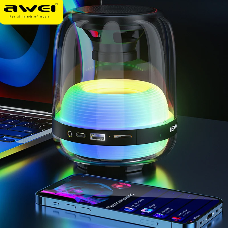  Awei Y386 Bluetooth 5.1 Mini Speaker Colorful LED Subwoofer HiFi Sound Box Portable MP3 Music Sound Column For PC Smartphone 