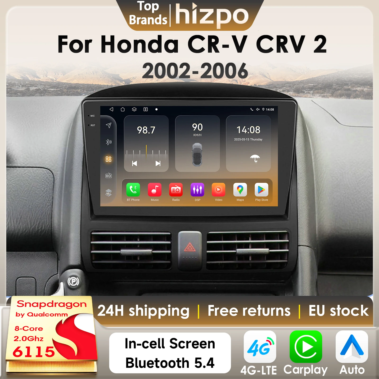 Hizpo 8Core 2Din Android 14 Autoradio für Honda CR-V CRV 2 2001–2006 Auto Multimedia GPS 4G Carplay von Qualcomm Snapdragon 6115