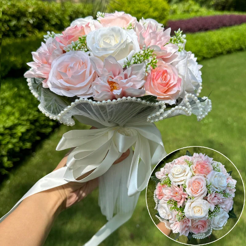 White Rose Bouquets for Bride Bridesmaid Bouquets Wedding Tossing Bouquet photography props Ball Party Valentine's Day Gift 1PC