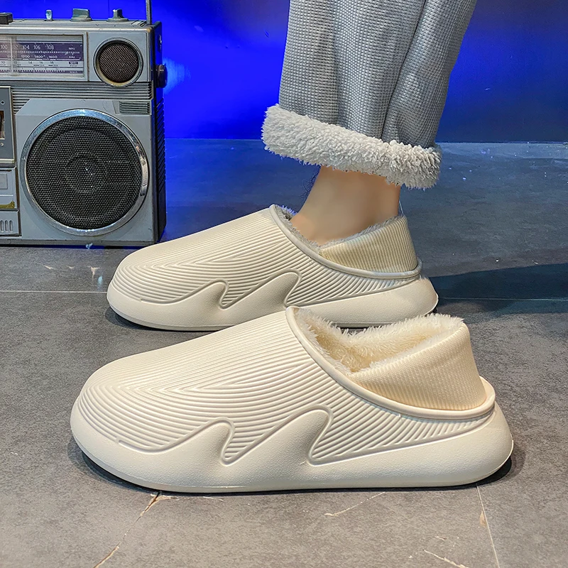 Cotton Slippers for Men Winter Warmth Thick Soled with Fleece Anti Slip and Waterproof Couple Cotton Shoes for Home Wear Plus 47